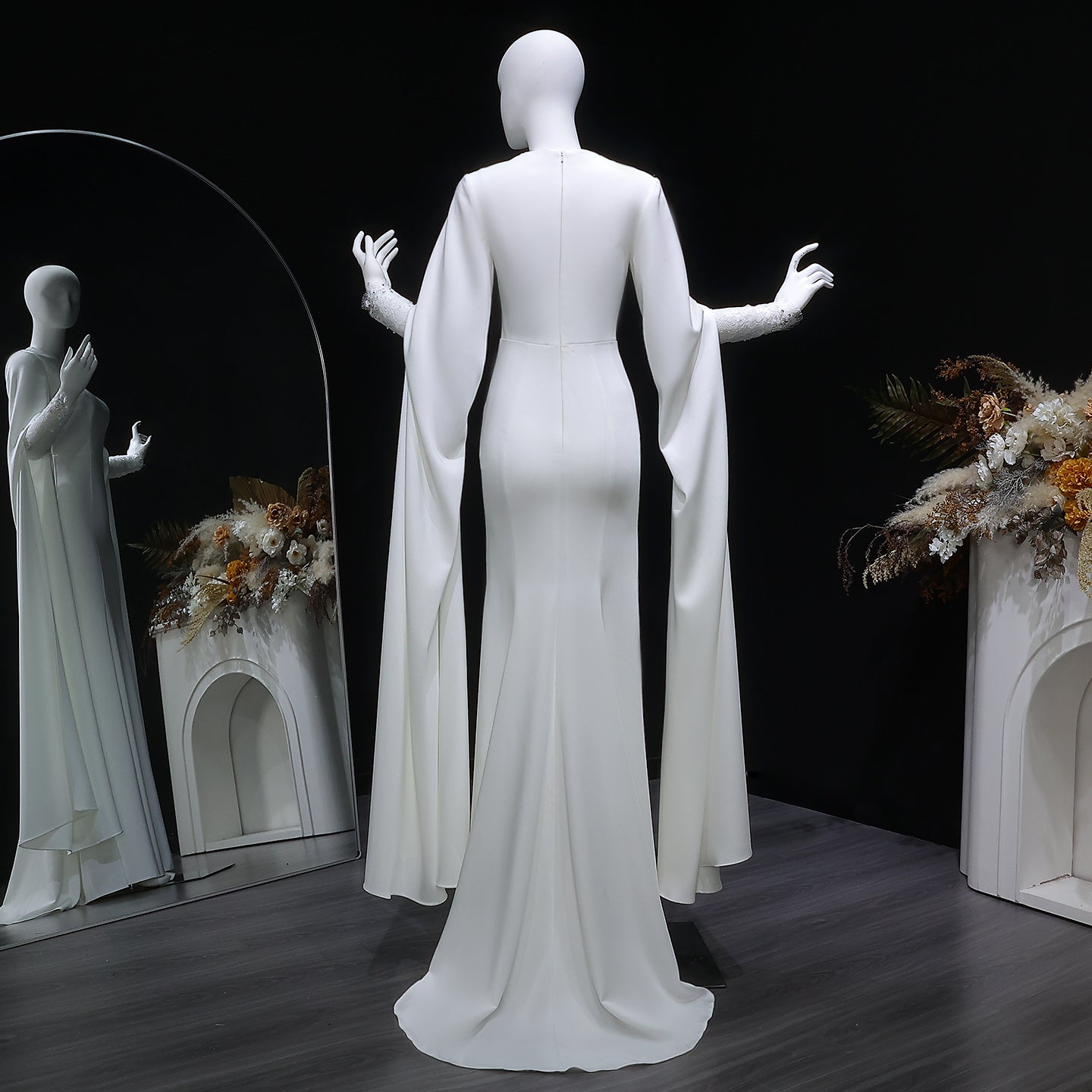 Ivory Minimalist Modest Mermaid Beaded Satin Wedding Dress  Sweep Train SW513 Sheer Fairy