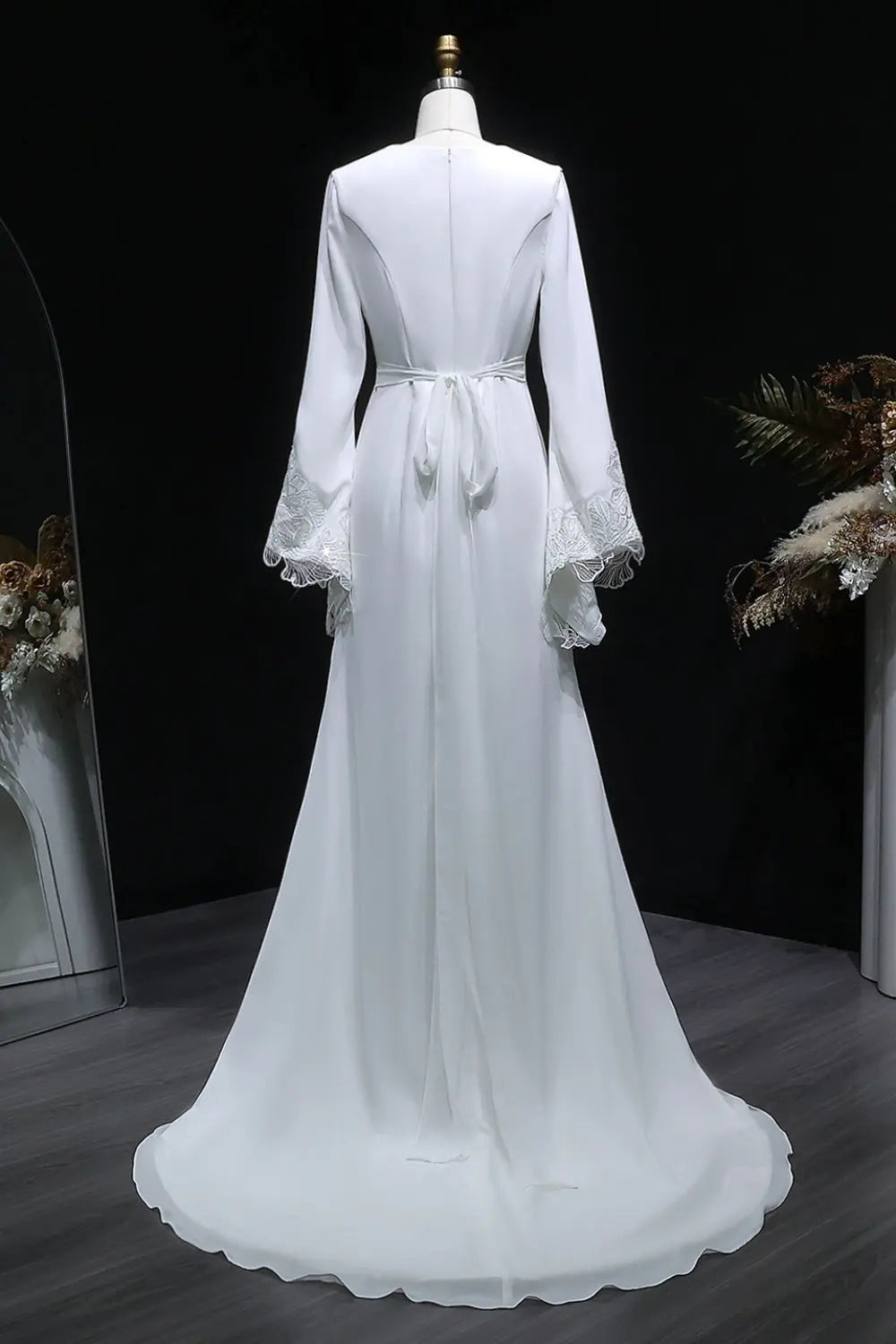Long Sleeve Lace-Trimmed Crepe Bridal Wedding Dress SW584 Sheer Fairy