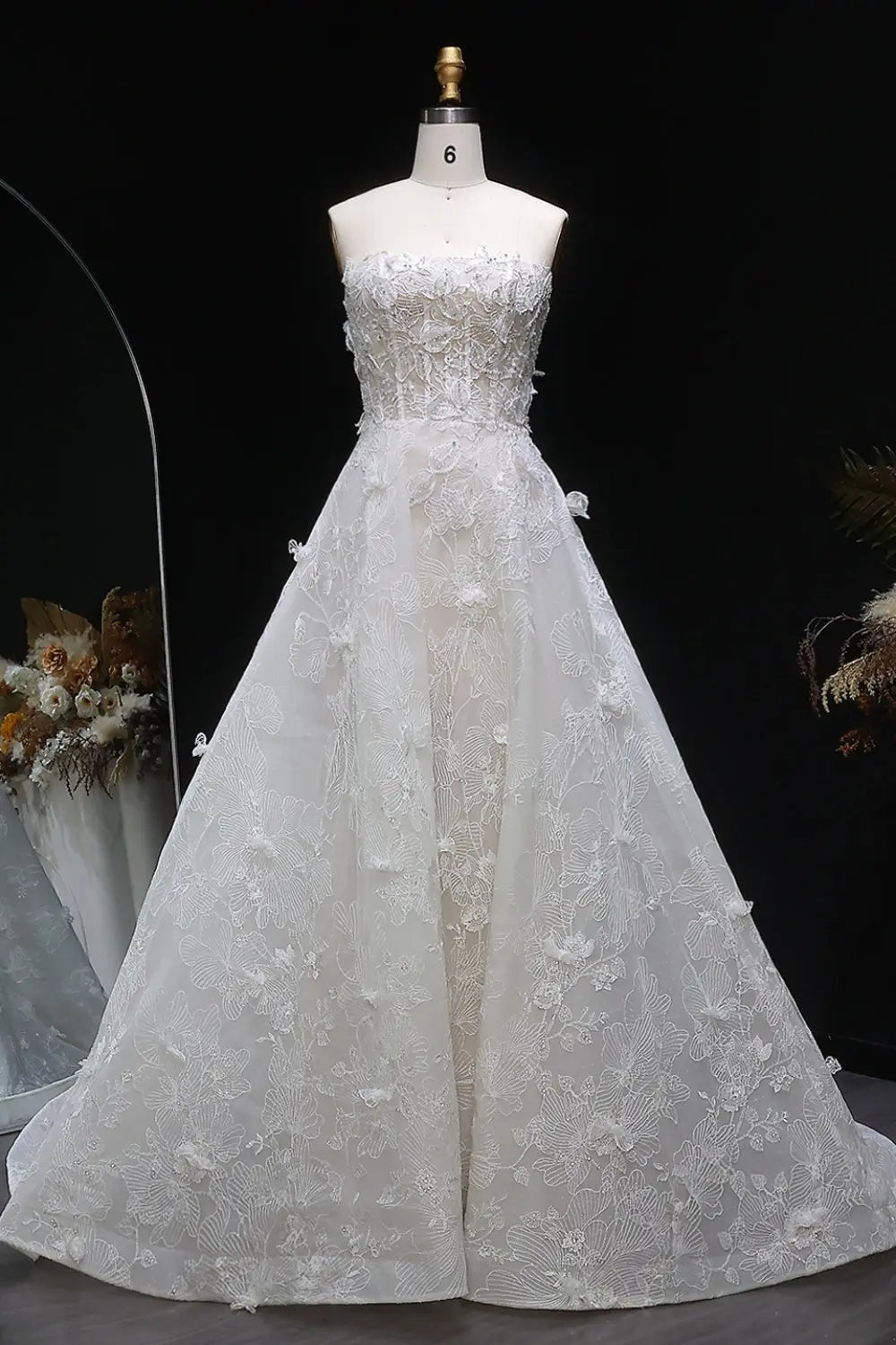 3D Floral Lace Bridal Strapless Ballgown Wedding Dress SW631 Sheer Fairy