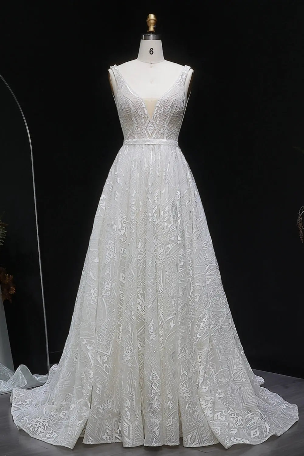Sequin Lace Deep V-Neck A-Line Wedding Dress SW637 Sheer Fairy