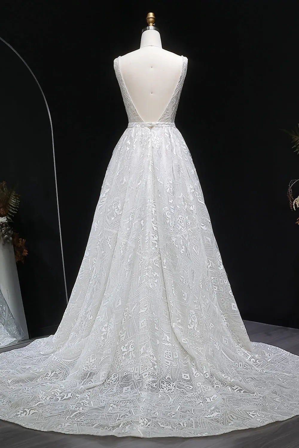 Sequin Lace Deep V-Neck A-Line Wedding Dress SW637 Sheer Fairy