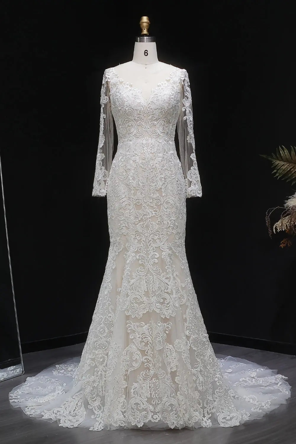 Long Sleeve Sequined Lace Bridal Mermaid Wedding Dress SW660 Sheer Fairy