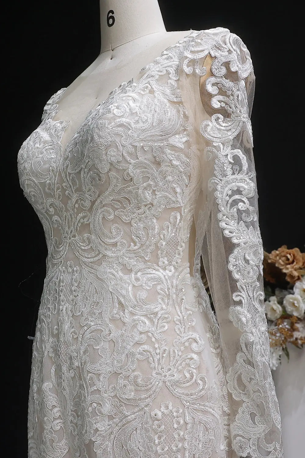 Long Sleeve Sequined Lace Bridal Mermaid Wedding Dress SW660 Sheer Fairy
