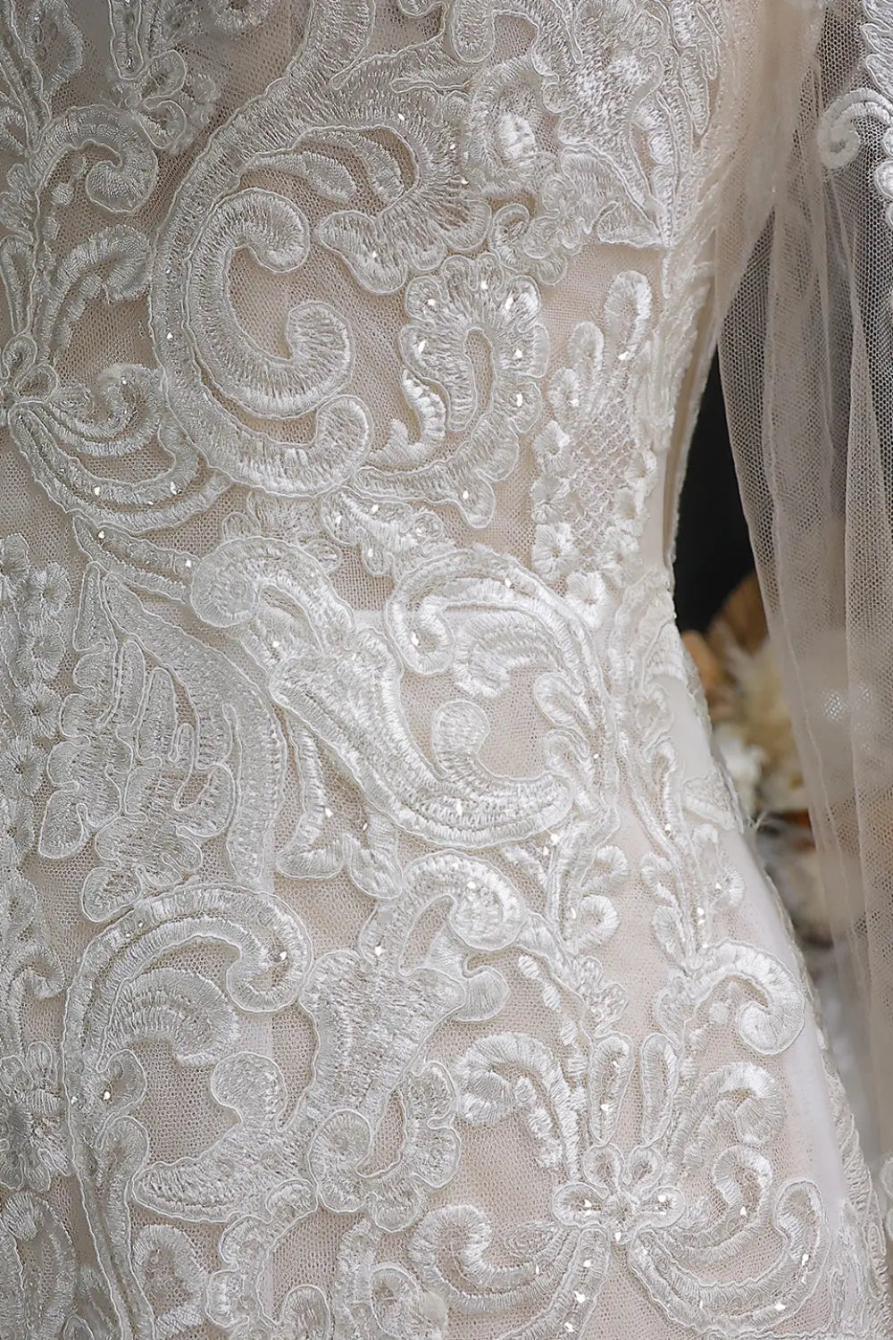 Long Sleeve Sequined Lace Bridal Mermaid Wedding Dress SW660 Sheer Fairy