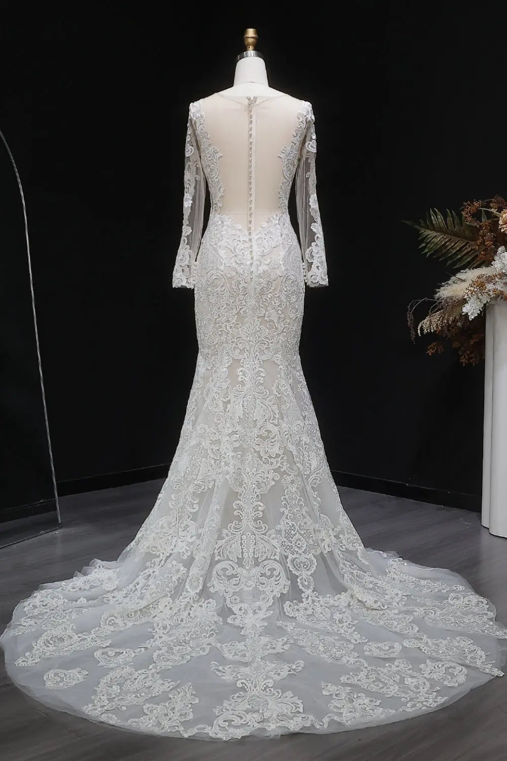 Long Sleeve Sequined Lace Bridal Mermaid Wedding Dress SW660 Sheer Fairy
