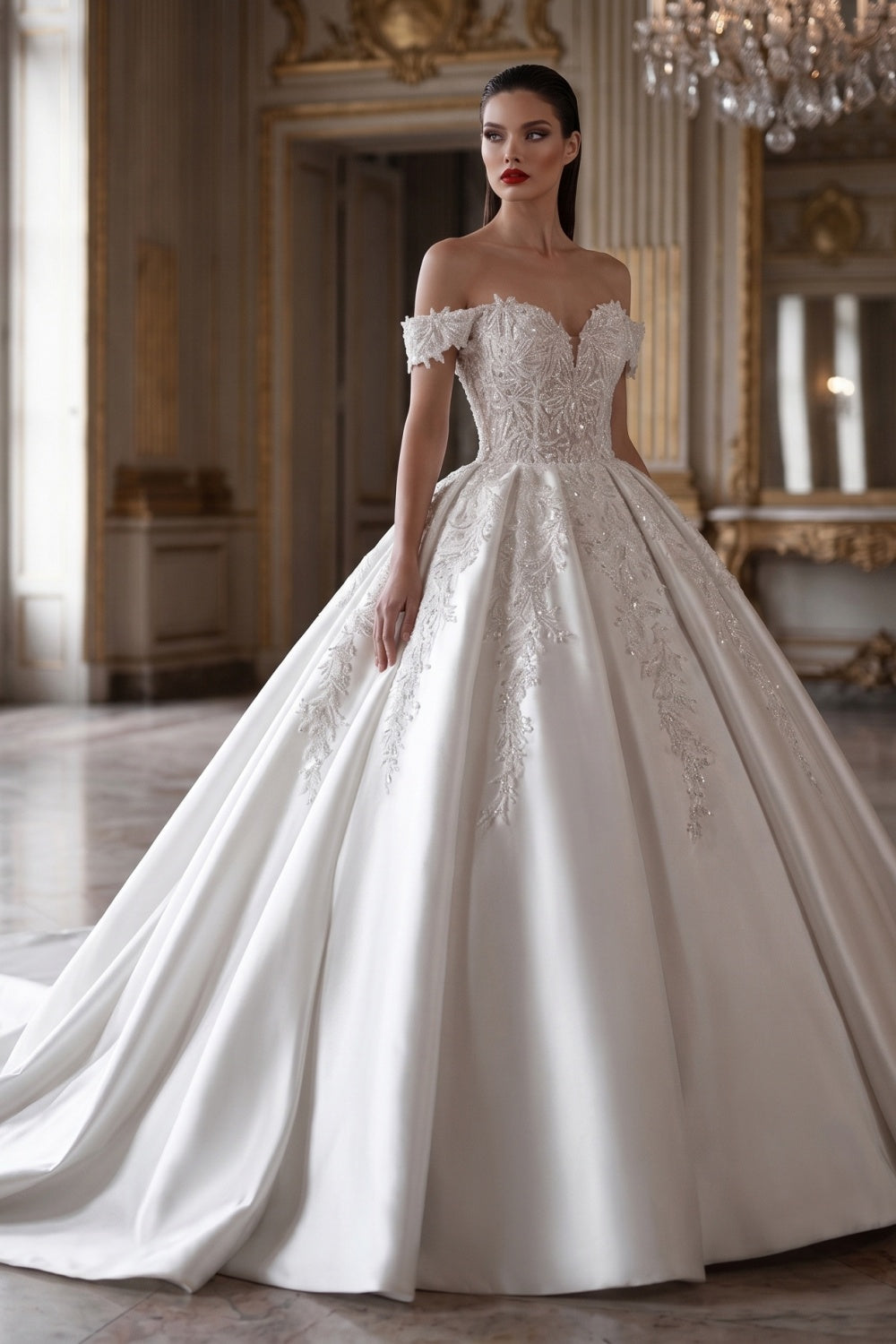 Off-the-Shoulder Satin Ball Gown Wedding Dress with Lace Appliques & Corset Back SW701 Sheer Fairy
