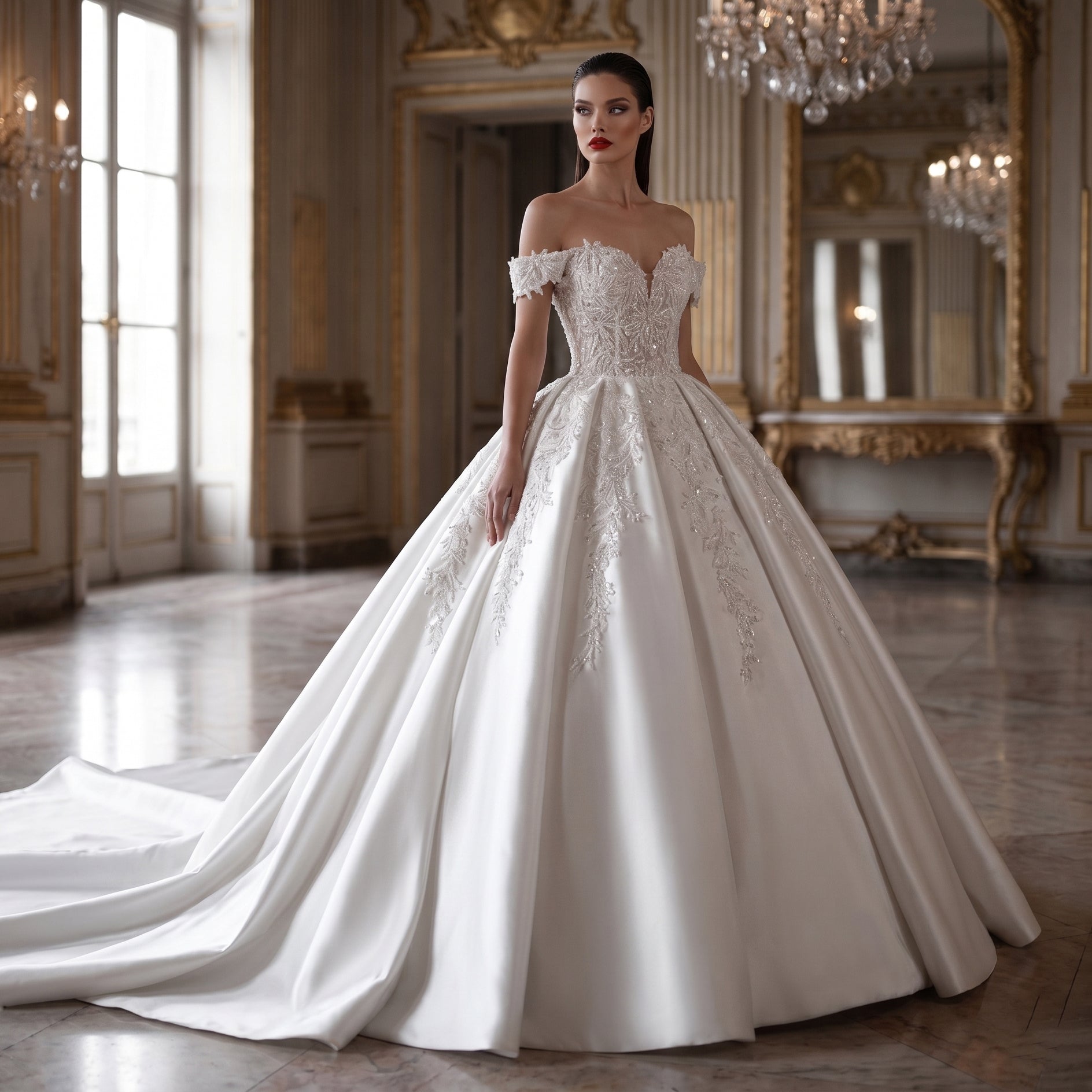 Off-the-Shoulder Satin Ball Gown Wedding Dress with Lace Appliques & Corset Back SW701 Sheer Fairy