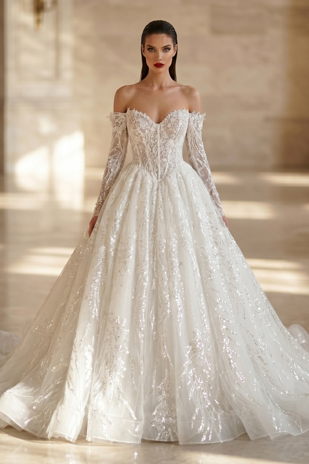 Elegant Off-Shoulder Sequin Lace Wedding Dress with Voluminous Tulle Skirt SW702 Sheer Fairy