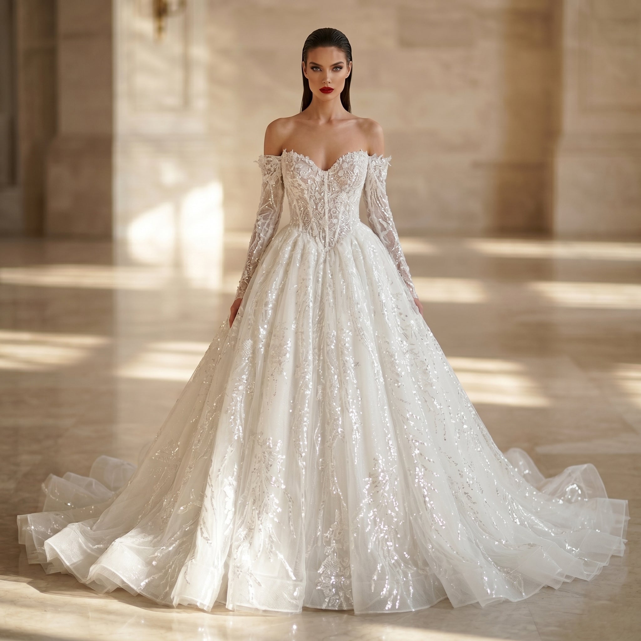 Elegant Off-Shoulder Sequin Lace Wedding Dress with Voluminous Tulle Skirt SW702 Sheer Fairy