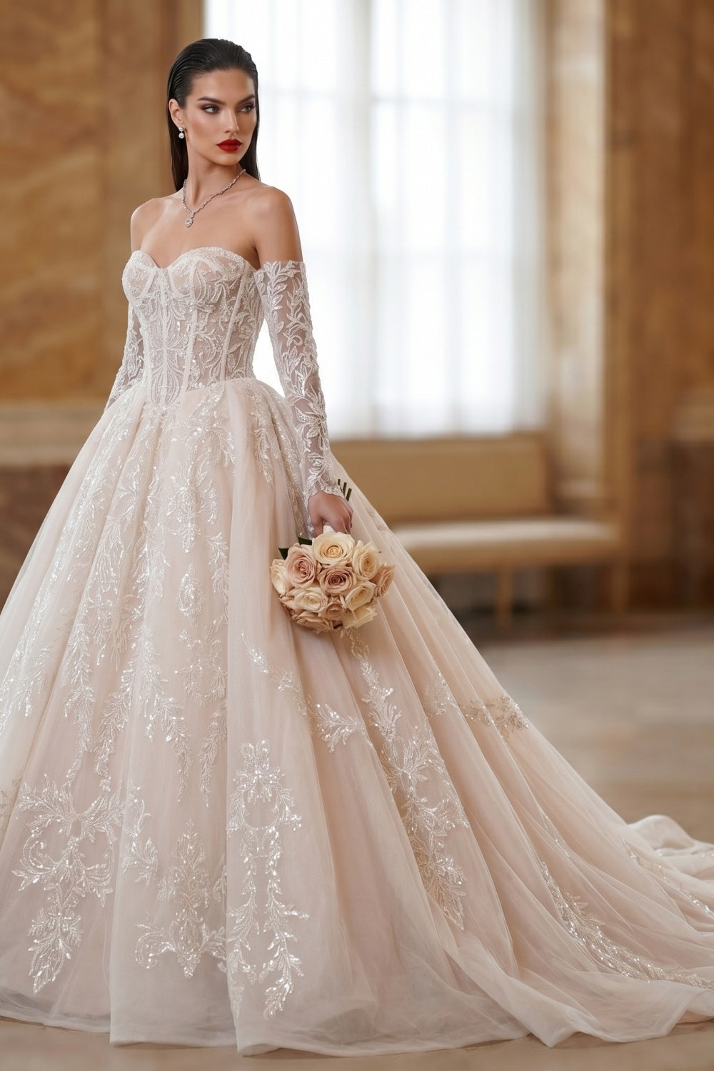Sweetheart Neck Lace Corset Ball Gown Wedding Dress with Detachable Long Sleeves SW703 Sheer Fairy