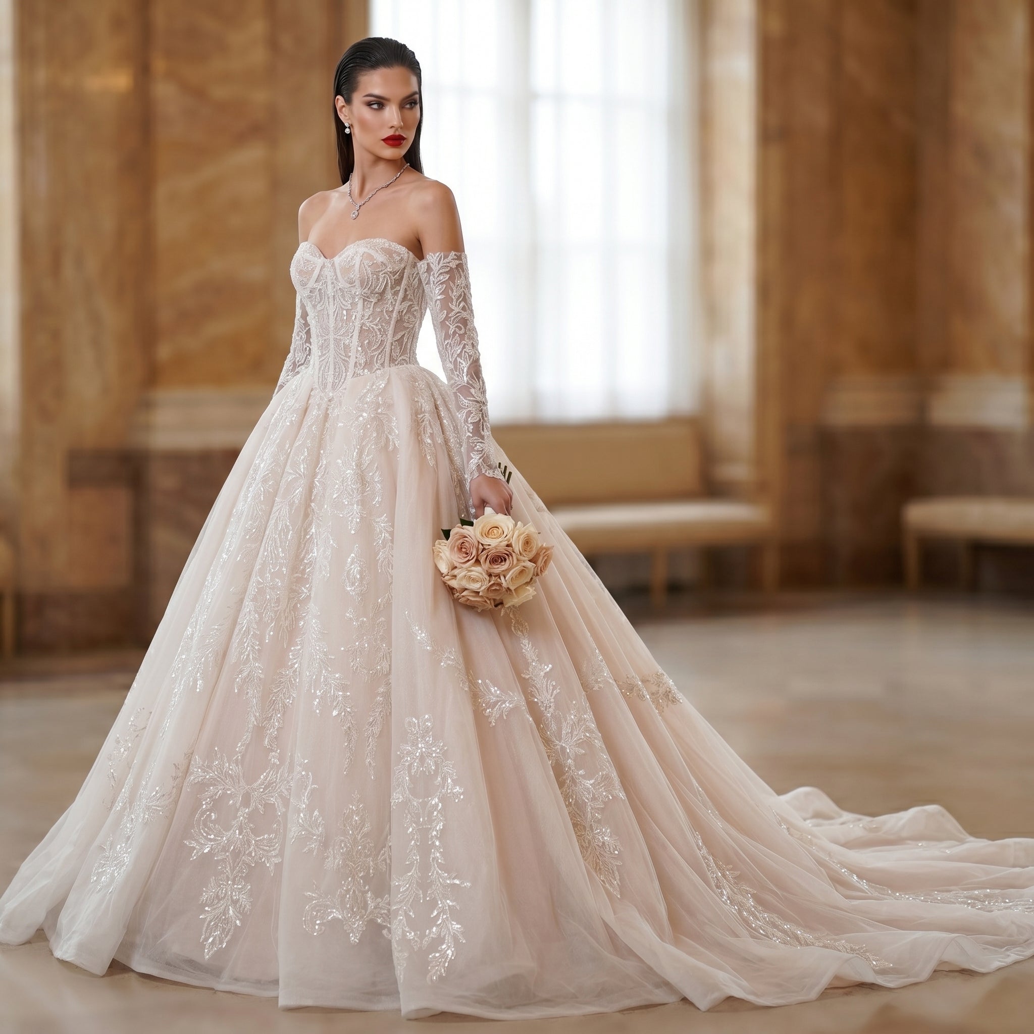 Sweetheart Neck Lace Corset Ball Gown Wedding Dress with Detachable Long Sleeves SW703 Sheer Fairy