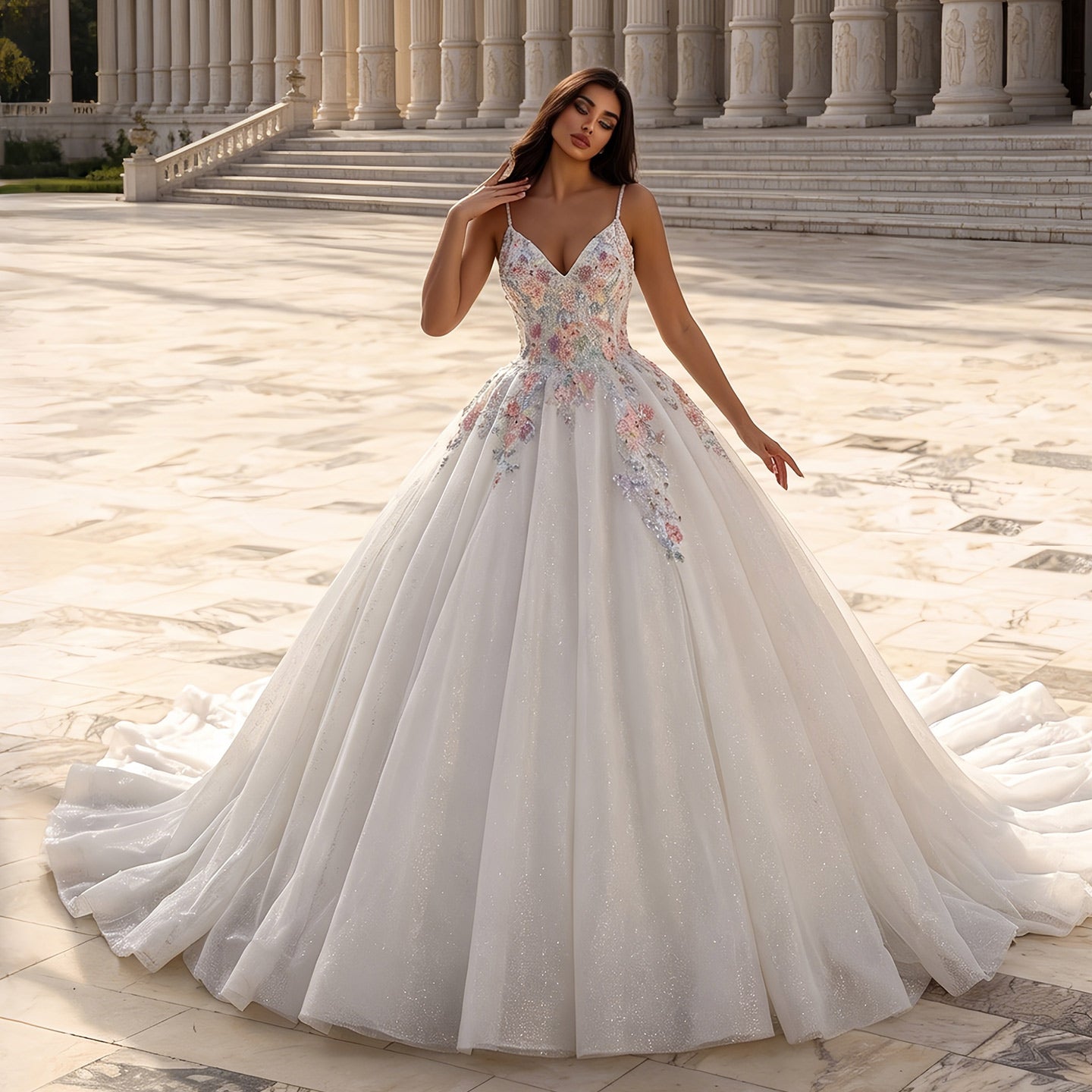Spaghetti Strap Floral Embroidered Ball Gown Wedding Dress with Glitter Tulle SW704 Sheer Fairy