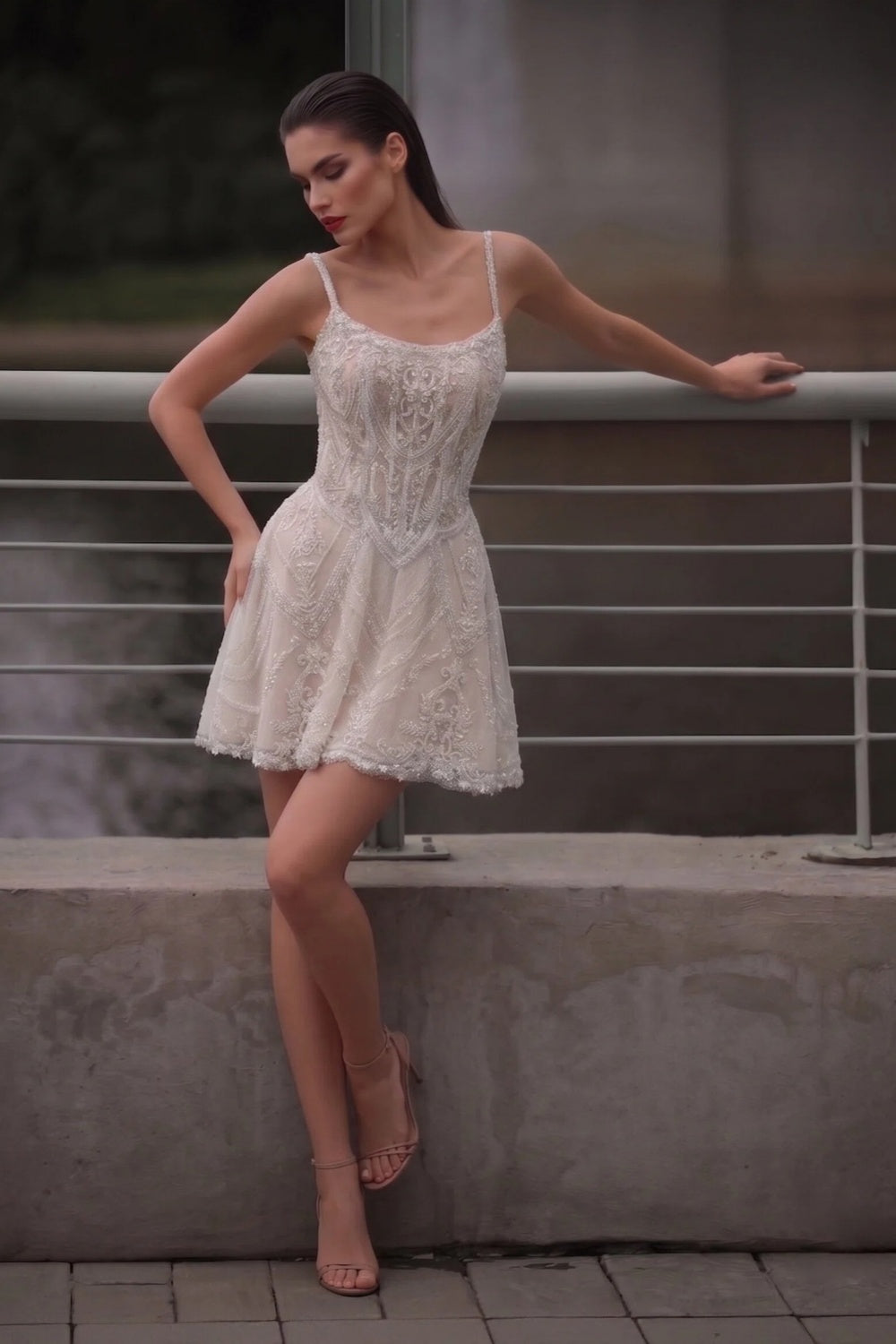 Luxury Beaded Lace Mini Wedding Dress with Corset Bodice SW707 Sheer Fairy