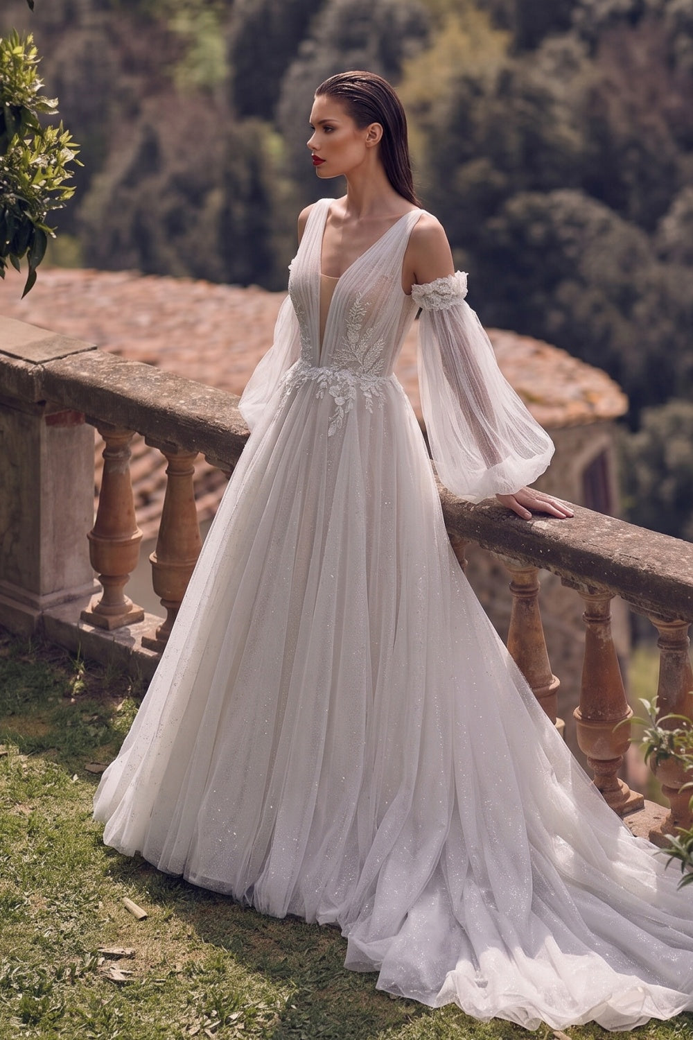 Glamorous Deep V-Neck Wedding Dress with Detachable Off-Shoulder Sleeves & Glitter Tulle Skirt SW708 Sheer Fairy