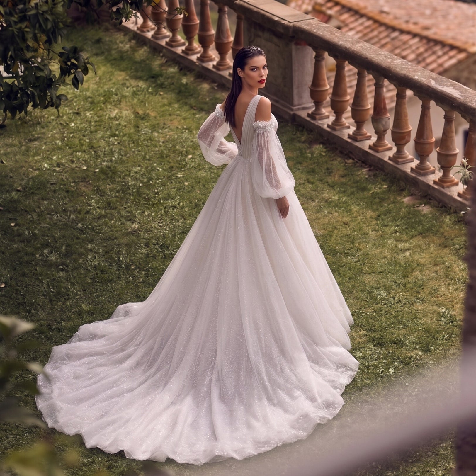 Glamorous Deep V-Neck Wedding Dress with Detachable Off-Shoulder Sleeves & Glitter Tulle Skirt SW708 Sheer Fairy