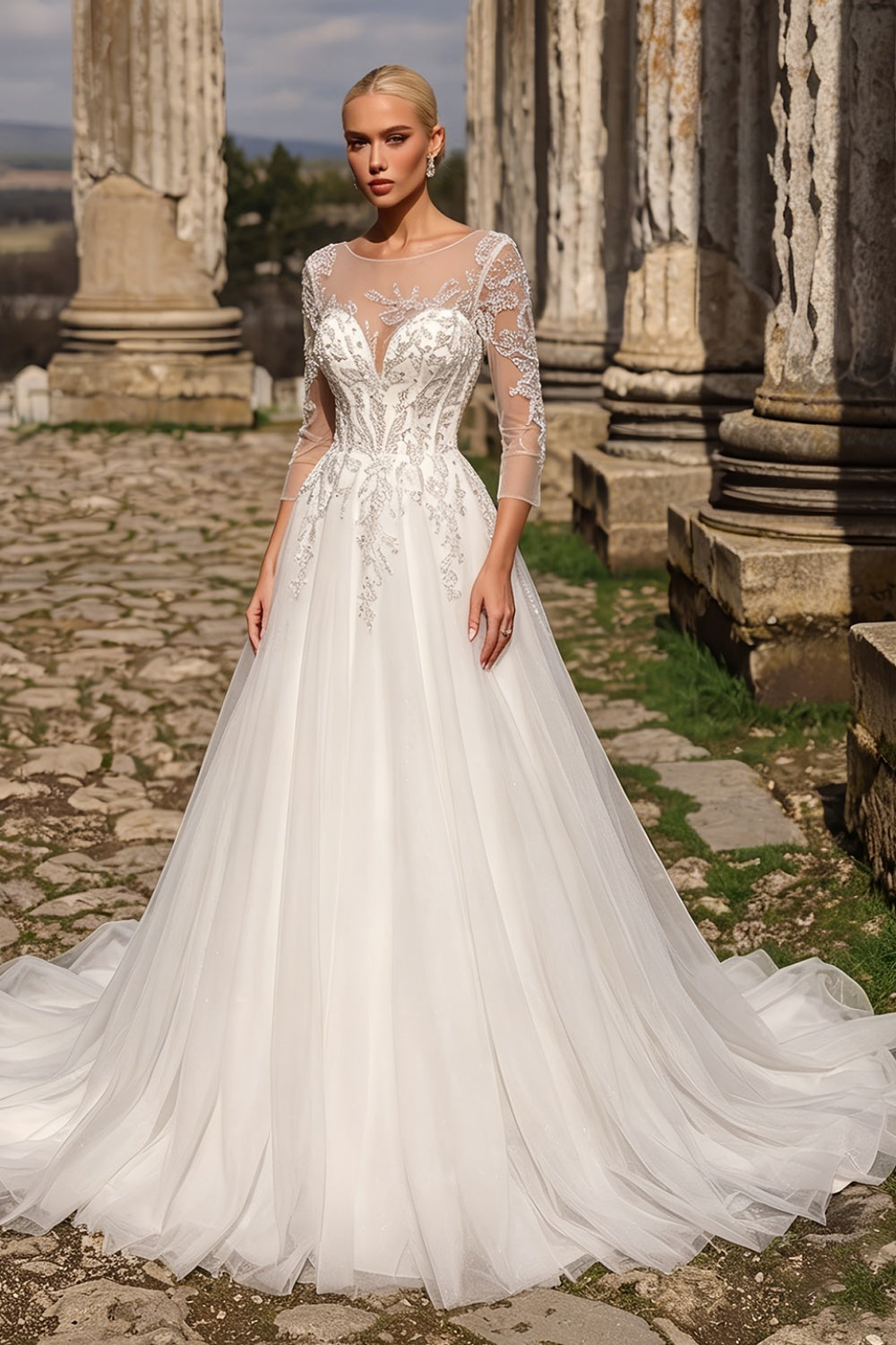 Illusion Neck Long Sleeve Lace A-Line Wedding Dress with Corset Lace-Up Back & Train SW709 Sheer Fairy