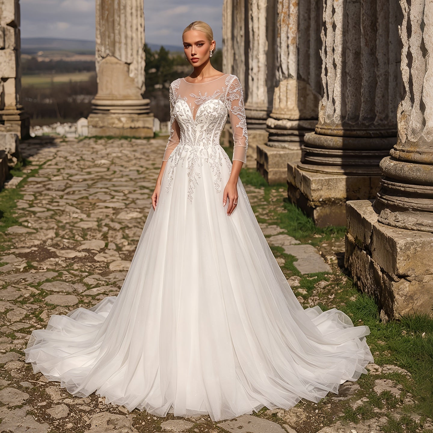 Illusion Neck Long Sleeve Lace A-Line Wedding Dress with Corset Lace-Up Back & Train SW709 Sheer Fairy
