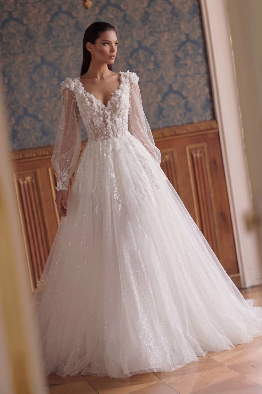 Luxury Lace Applique A-Line Wedding Dress with Puff Bishop Sleeve SW716 Sheer Fairy