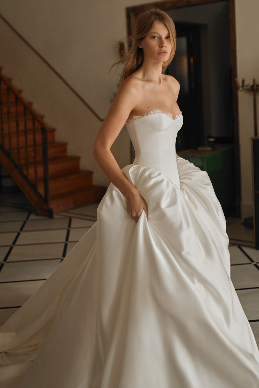 Strapless  A Line  Ivory Voluminous Gathered Wedding Dress with Sweep Train SW741 Sheer Fairy