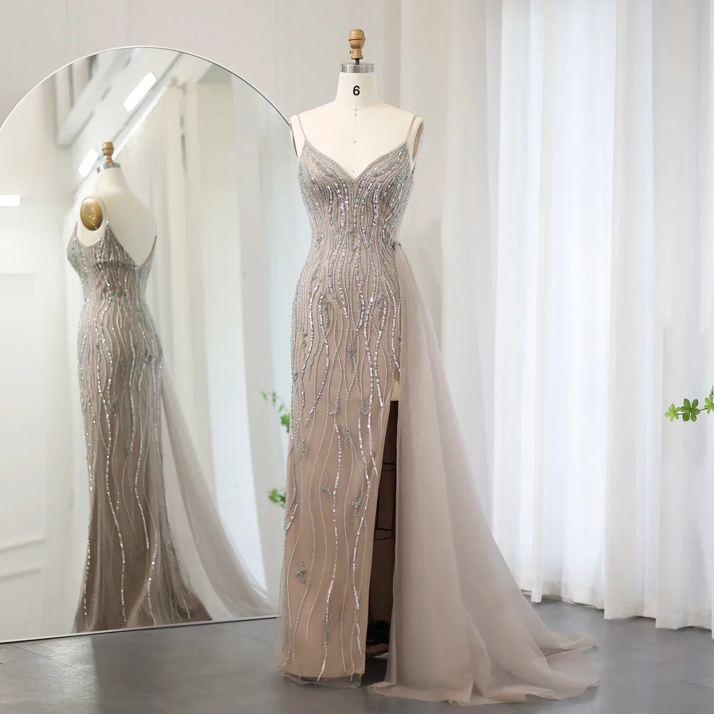 Caramel Spaghetti Straps Mermaid Evening Dress with Overskirt SS067