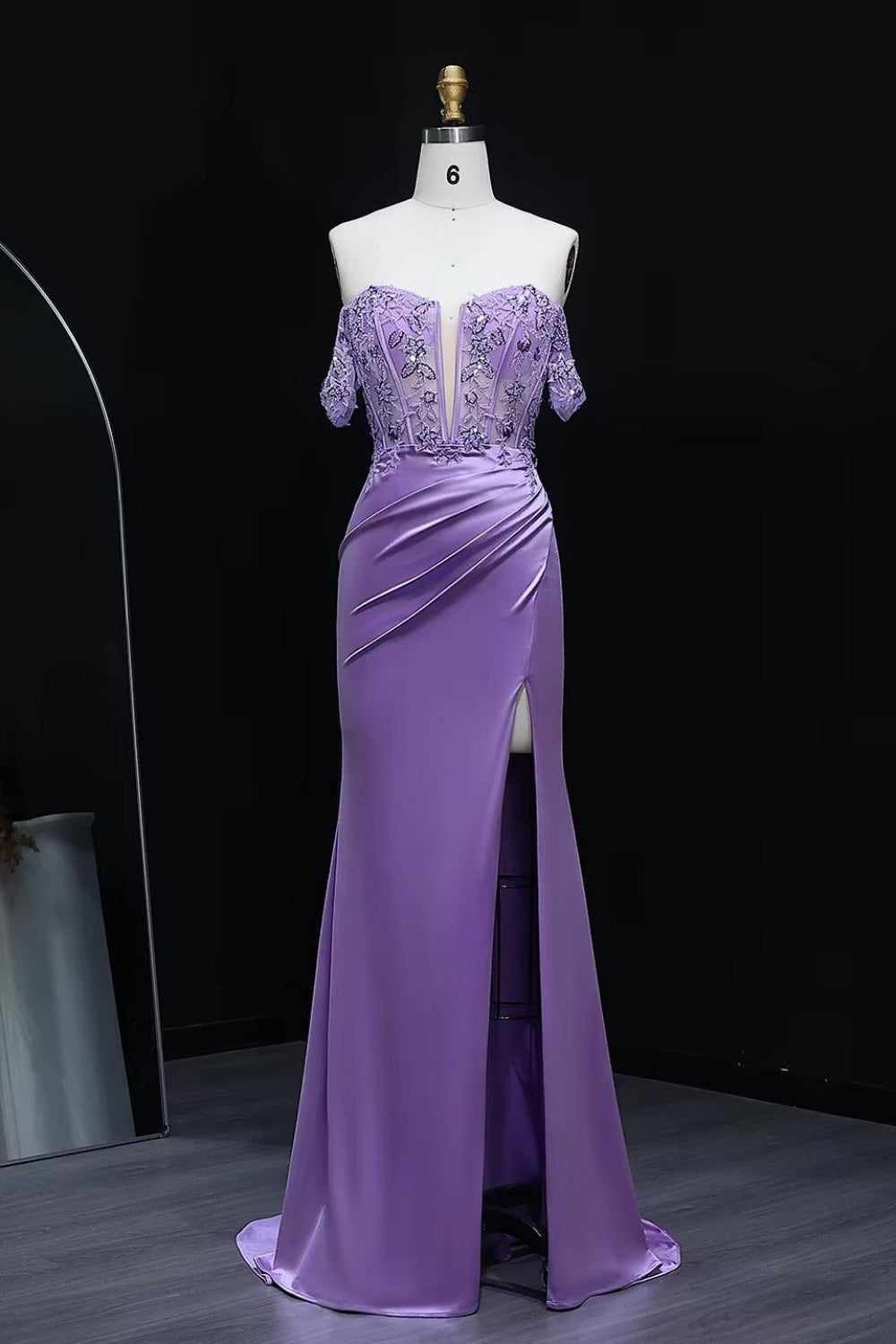 Lavender Lilac Satin Off-Shoulder Mermaid Prom Dress SH534 Sheer Fairy