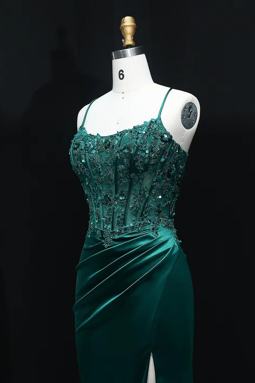 Emerald Green Satin Sheath Beaded Prom Dress with Thigh Slit Train SH532 Sheer Fairy