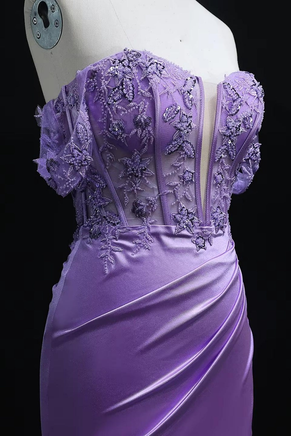 Lavender Lilac Satin Off-Shoulder Mermaid Prom Dress SH534 Sheer Fairy