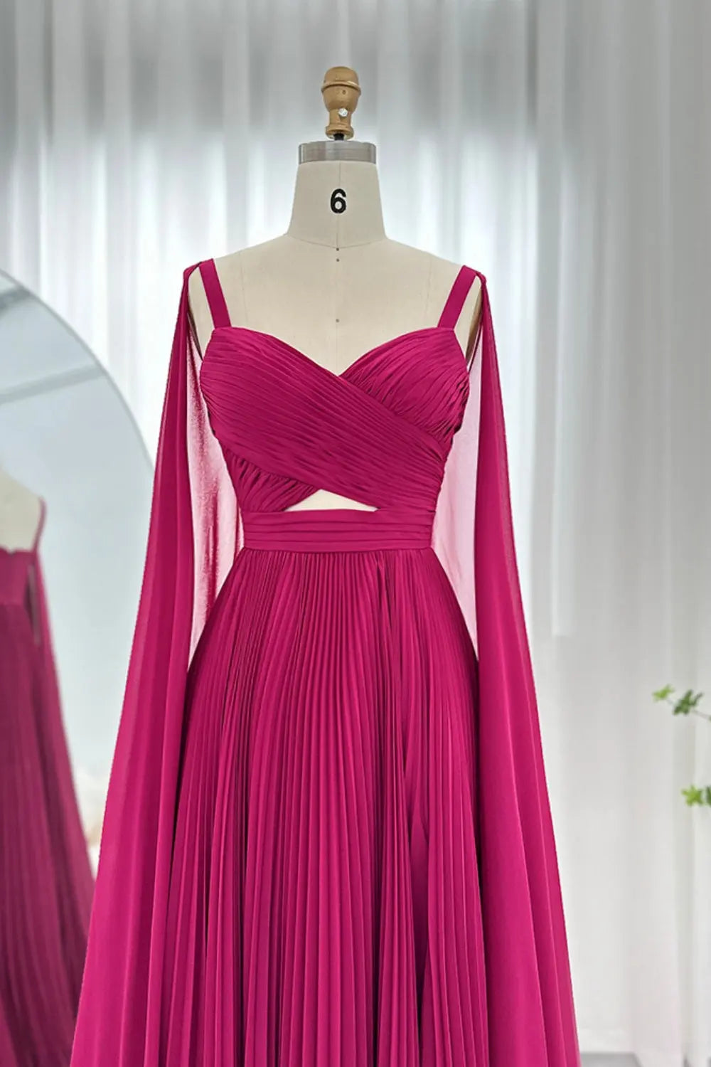 Elegant Fuchsia Chiffon Evening Dress with Cape Sleeves SF090 Sheer Fairy
