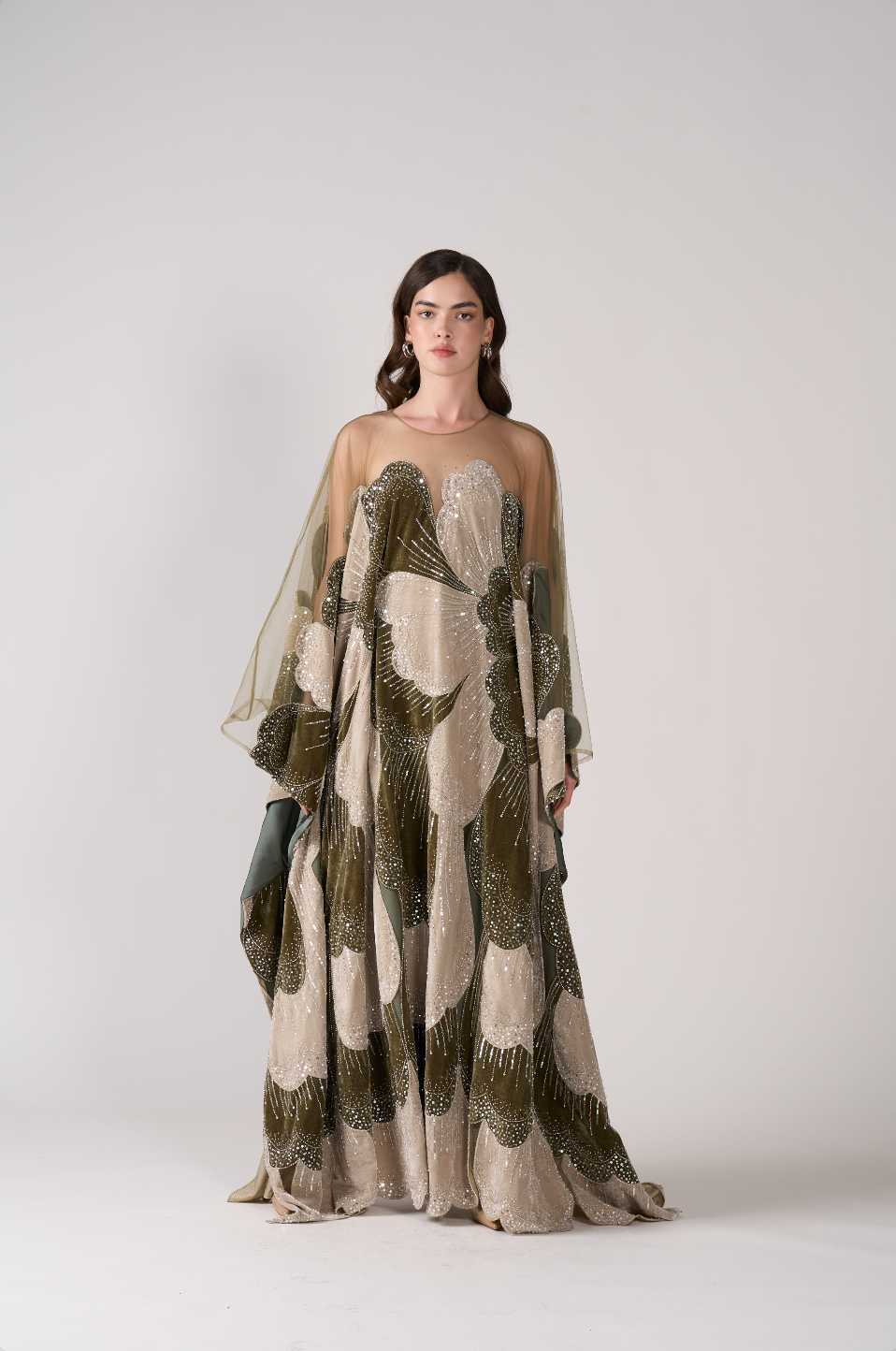 Luxurious Olive Green Velvet Beaded Kaftan Dress Sequined Petal Pattern Evening Abaya Maxi Gown SS669 Sheer Fairy