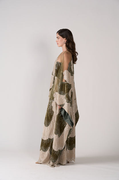 Luxurious Olive Green Velvet Beaded Kaftan Dress Sequined Petal Pattern Evening Abaya Maxi Gown SS669 Sheer Fairy