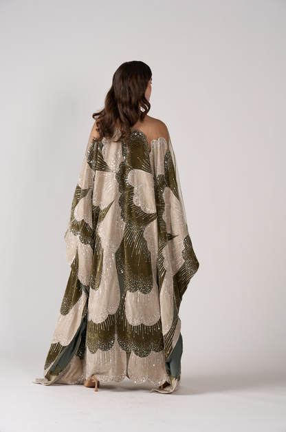 Luxurious Olive Green Velvet Beaded Kaftan Dress Sequined Petal Pattern Evening Abaya Maxi Gown SS669 Sheer Fairy