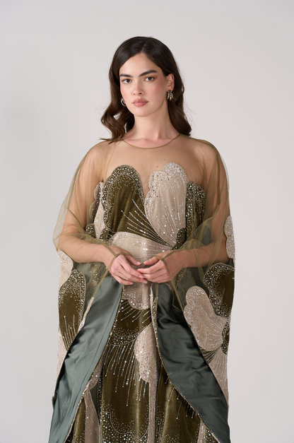 Luxurious Olive Green Velvet Beaded Kaftan Dress Sequined Petal Pattern Evening Abaya Maxi Gown SS669 Sheer Fairy