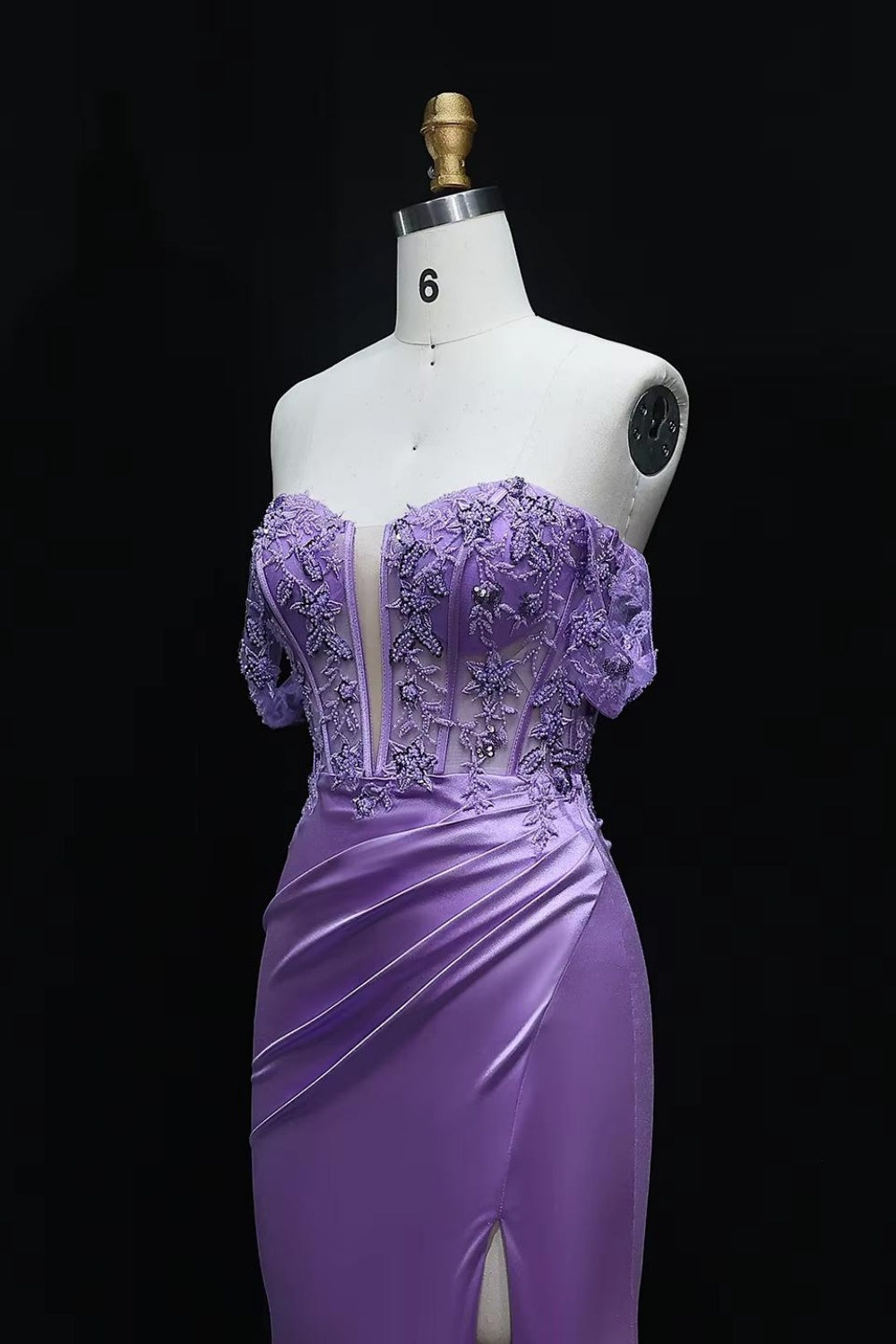 Lavender Lilac Satin Off-Shoulder Mermaid Prom Dress SH534 Sheer Fairy