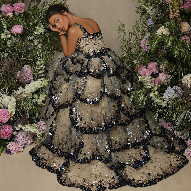 Champagne Silver Sequin Tiered Evening Dress SS243 Sheer Fairy