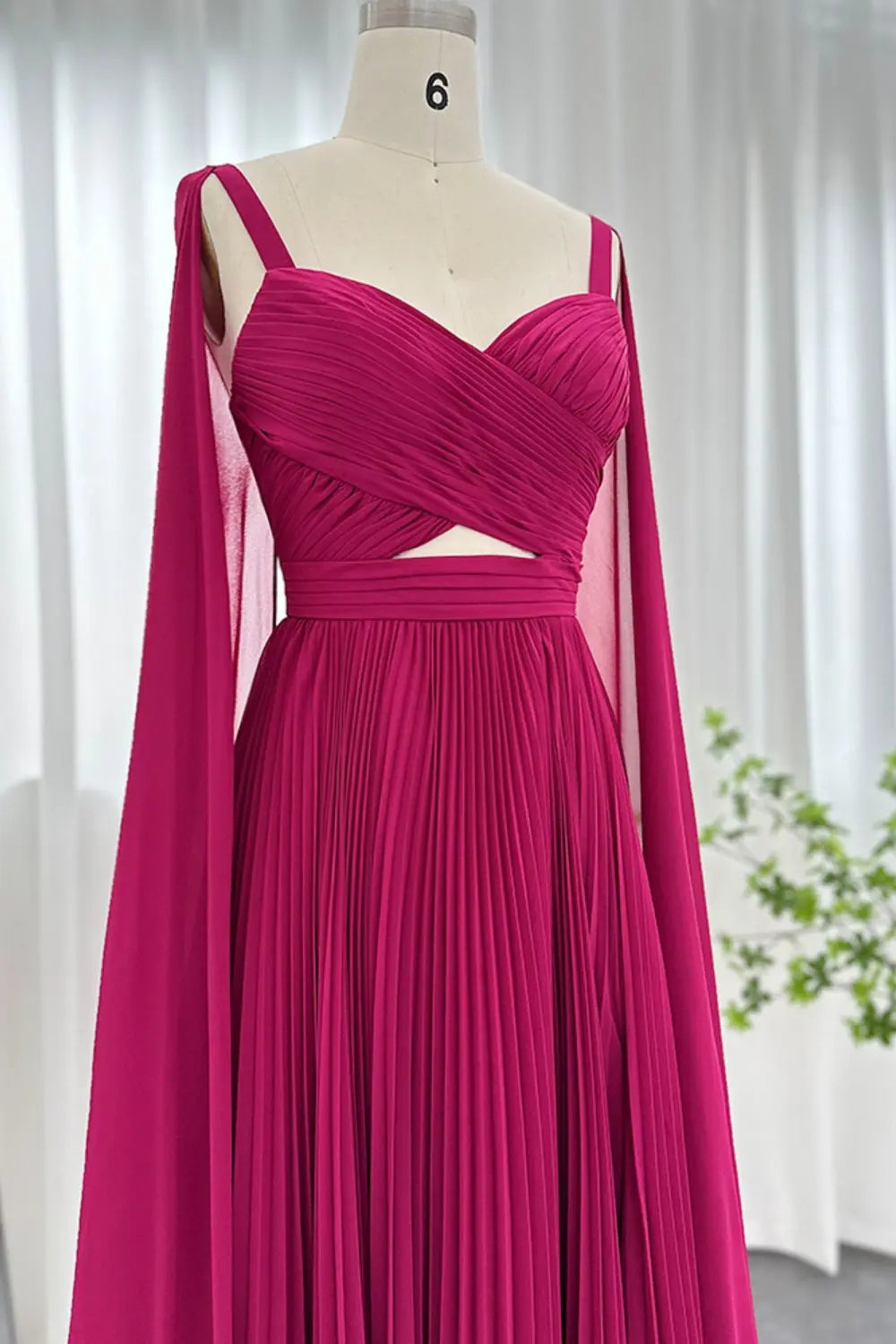 Elegant Fuchsia Chiffon Evening Dress with Cape Sleeves SF090 Sheer Fairy