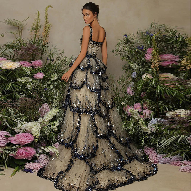 Champagne Silver Sequin Tiered Evening Dress SS243 Sheer Fairy
