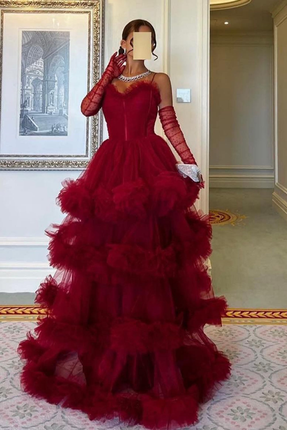 Burgundy Tulle Tiered Ruffles Evening Dresses with Gloves SF472 Sheer Fairy