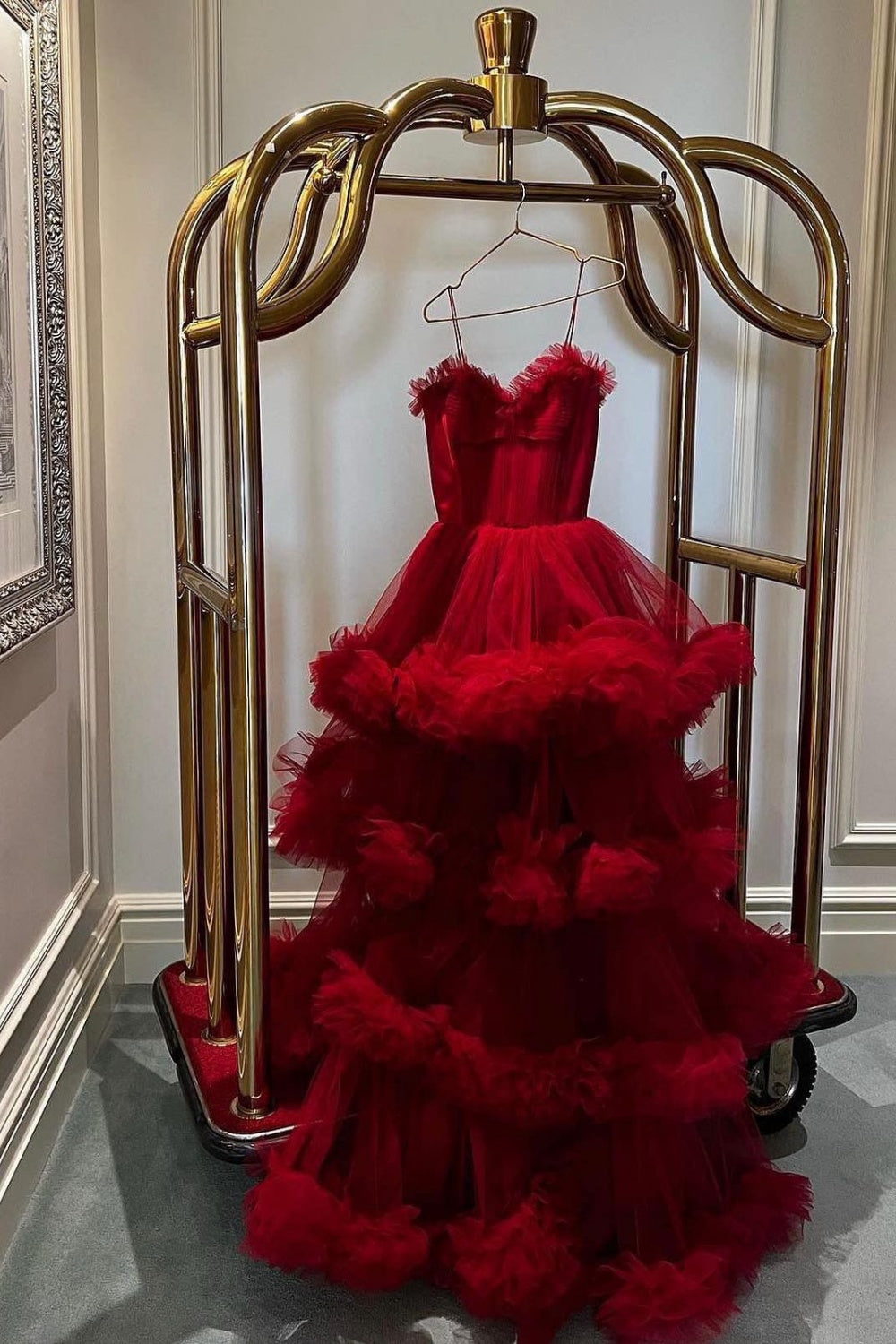 Burgundy Tulle Tiered Ruffles Evening Dresses with Gloves SF472 Sheer Fairy