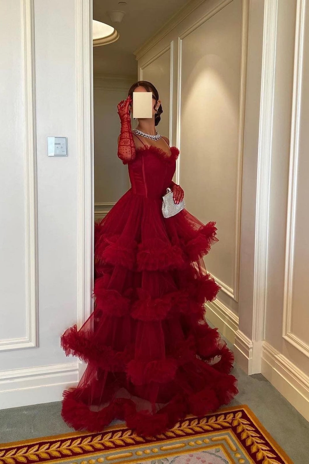 Burgundy Tulle Tiered Ruffles Evening Dresses with Gloves SF472 Sheer Fairy