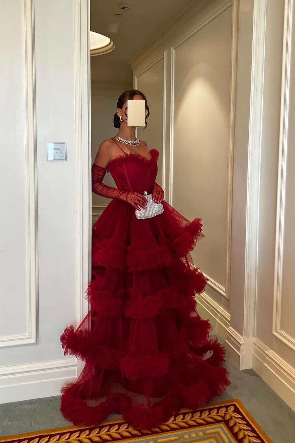 Burgundy Tulle Tiered Ruffles Evening Dresses with Gloves SF472 Sheer Fairy