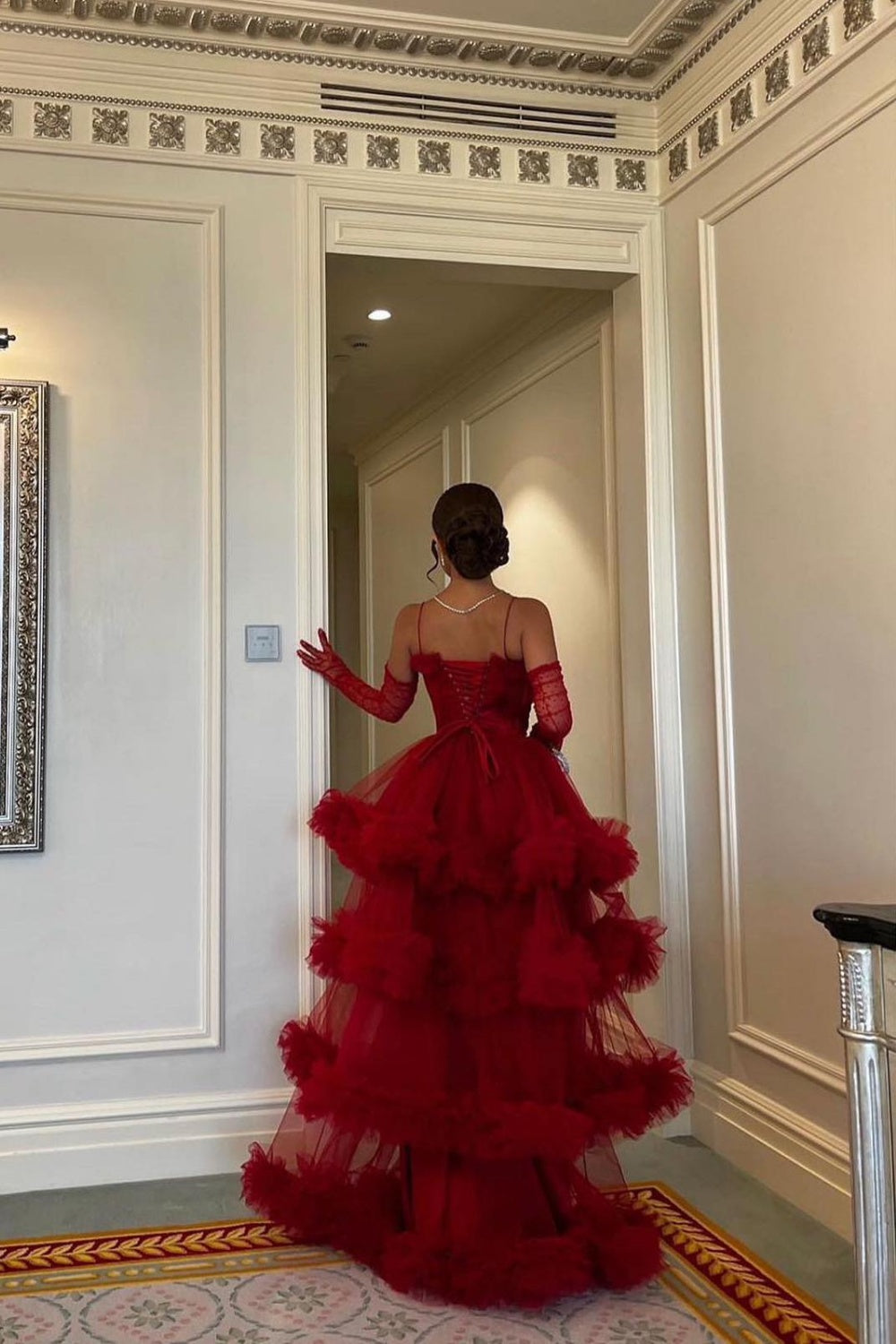 Burgundy Tulle Tiered Ruffles Evening Dresses with Gloves SF472 Sheer Fairy