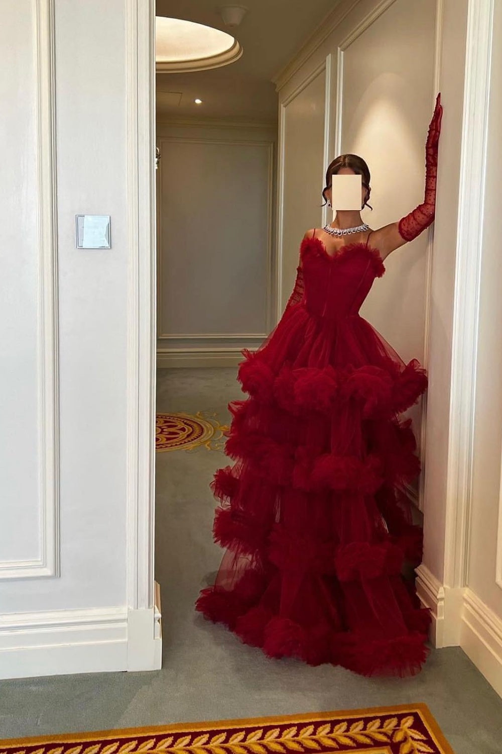 Burgundy Tulle Tiered Ruffles Evening Dresses with Gloves SF472 Sheer Fairy