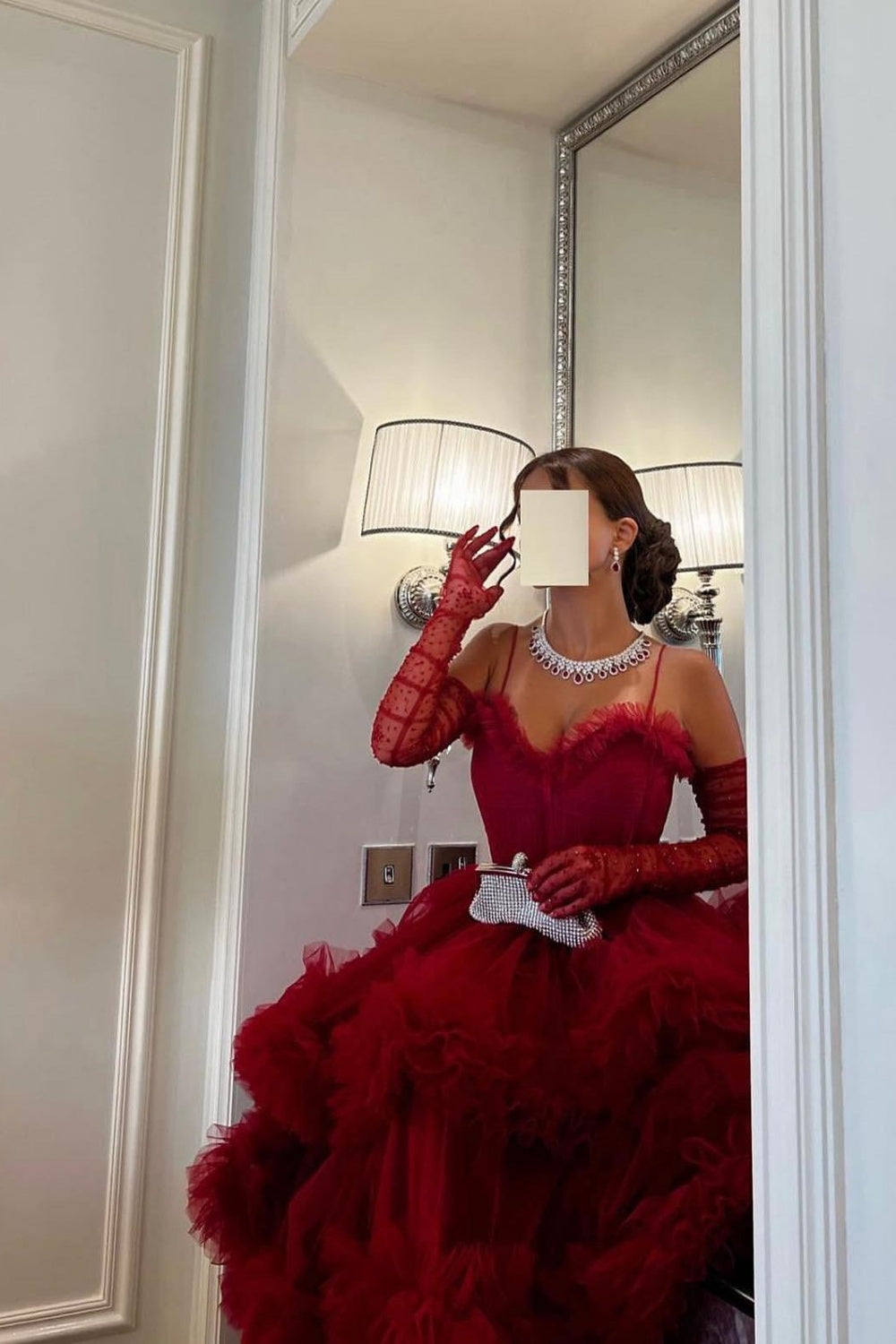 Burgundy Tulle Tiered Ruffles Evening Dresses with Gloves SF472 Sheer Fairy