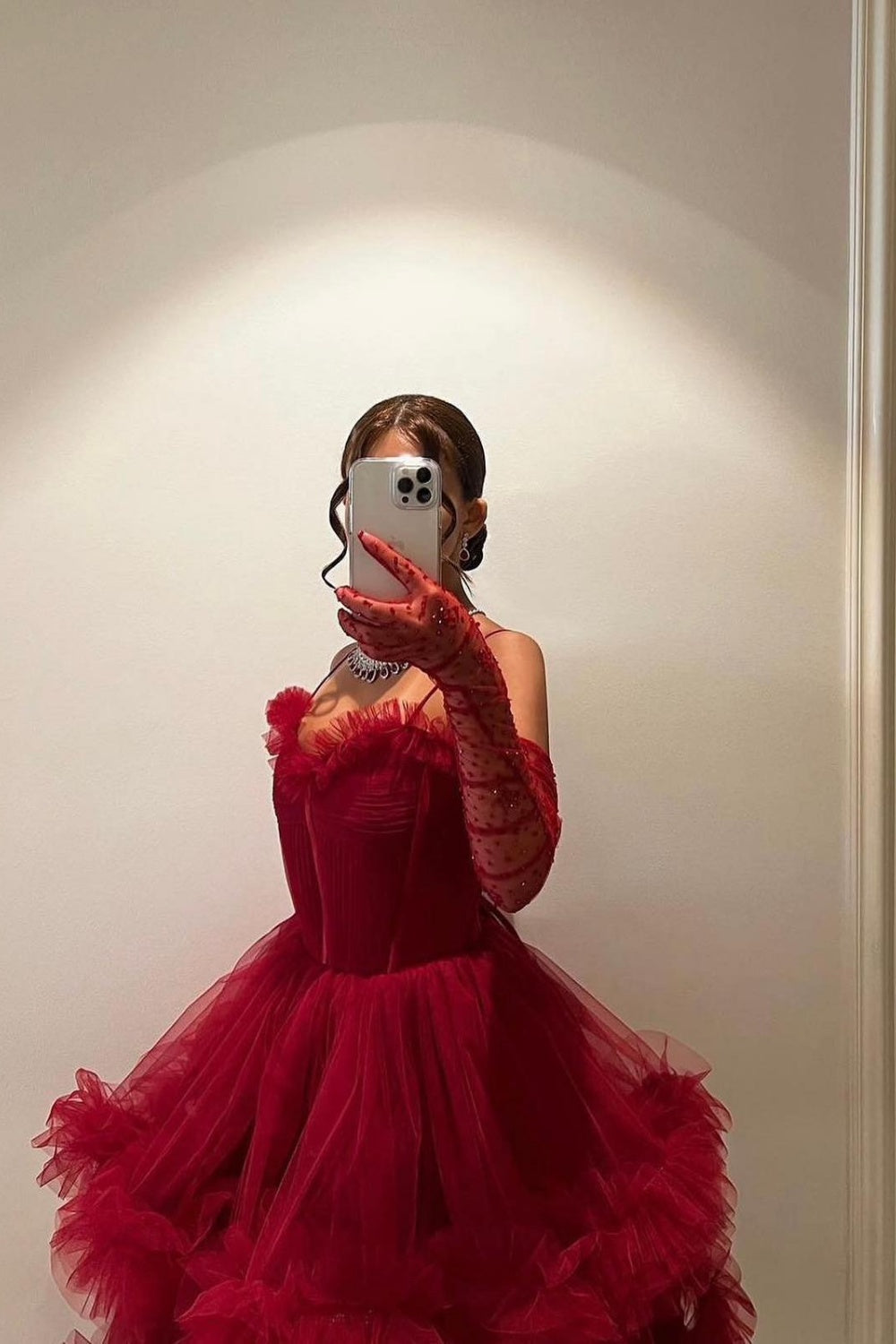 Burgundy Tulle Tiered Ruffles Evening Dresses with Gloves SF472 Sheer Fairy