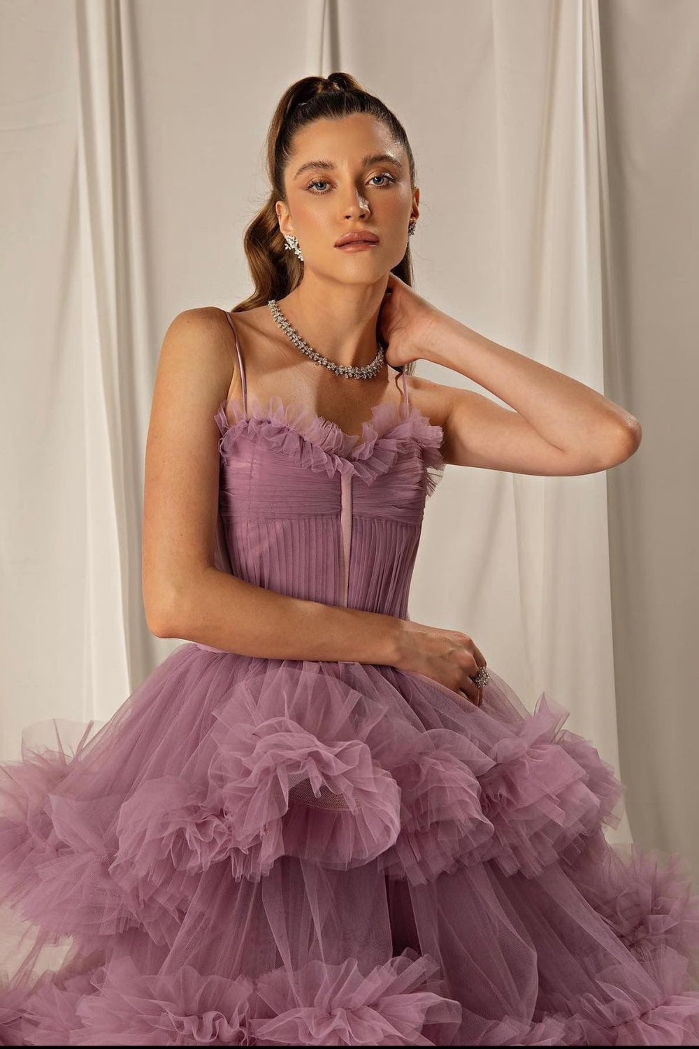 Burgundy Tulle Tiered Ruffles Evening Dresses with Gloves SF472 Sheer Fairy