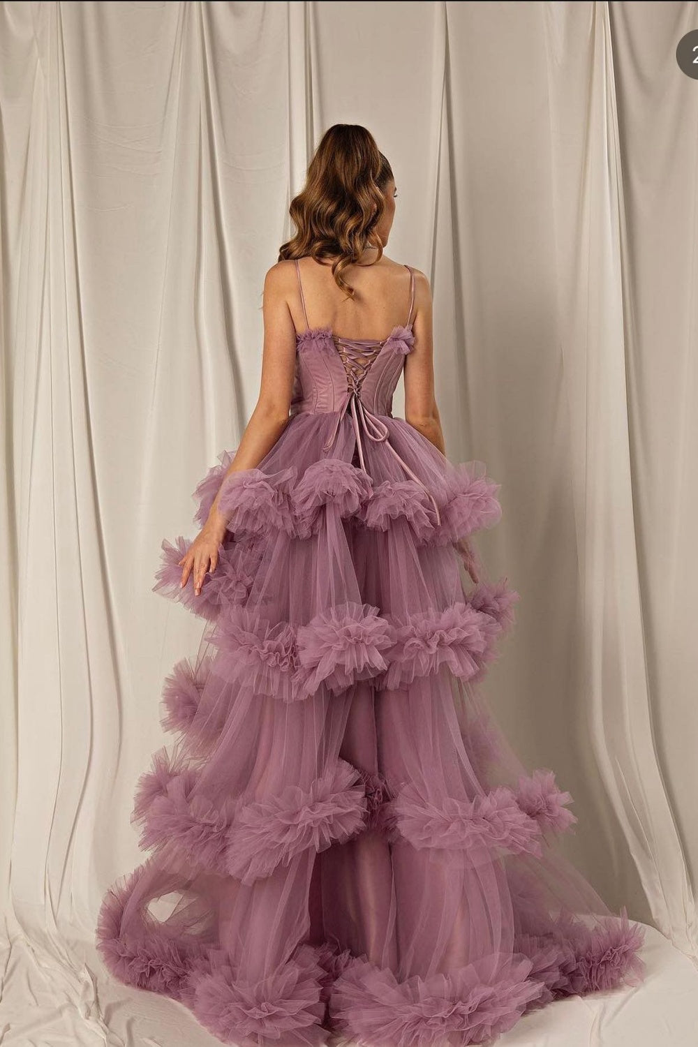 Burgundy Tulle Tiered Ruffles Evening Dresses with Gloves SF472 Sheer Fairy