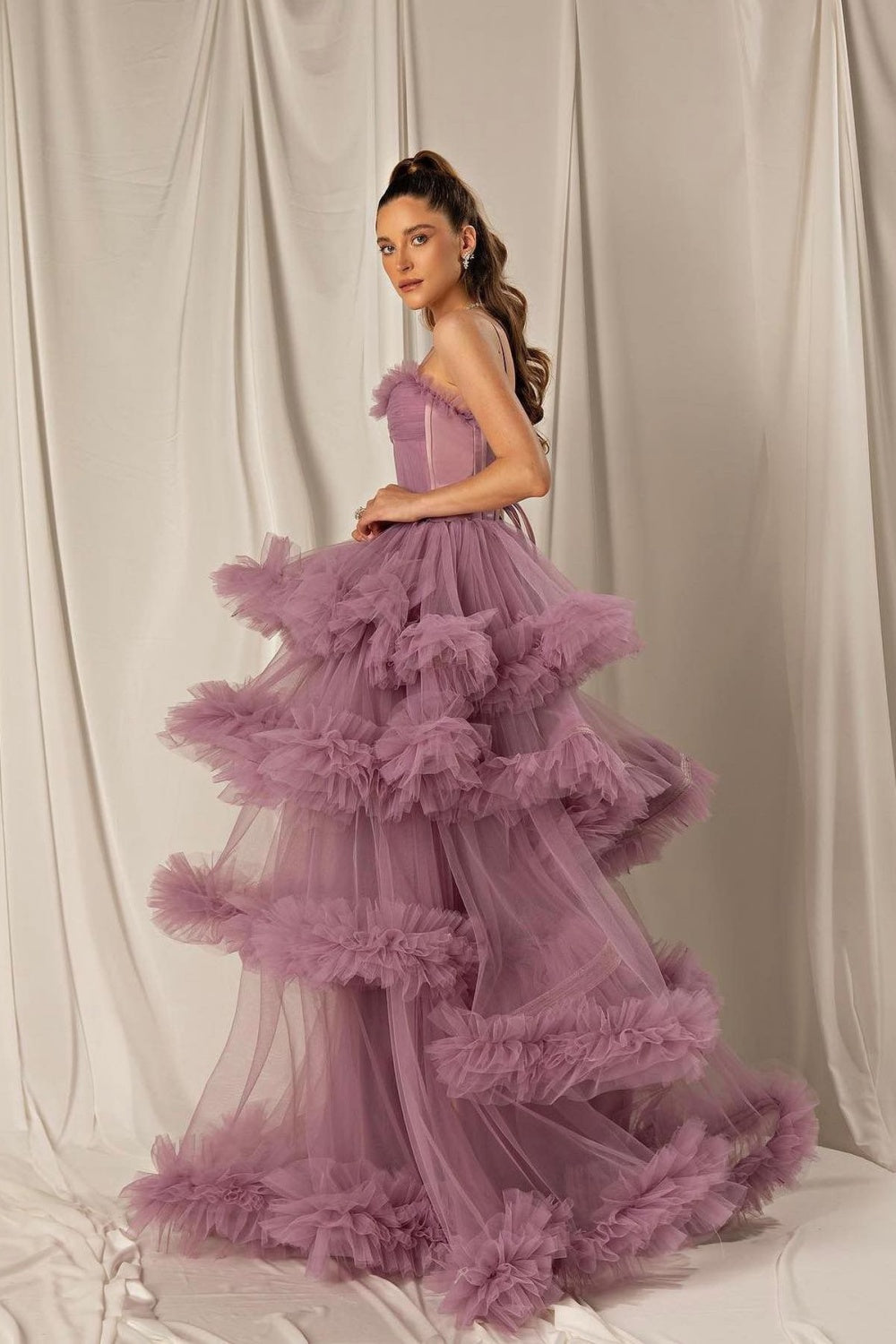 Burgundy Tulle Tiered Ruffles Evening Dresses with Gloves SF472 Sheer Fairy