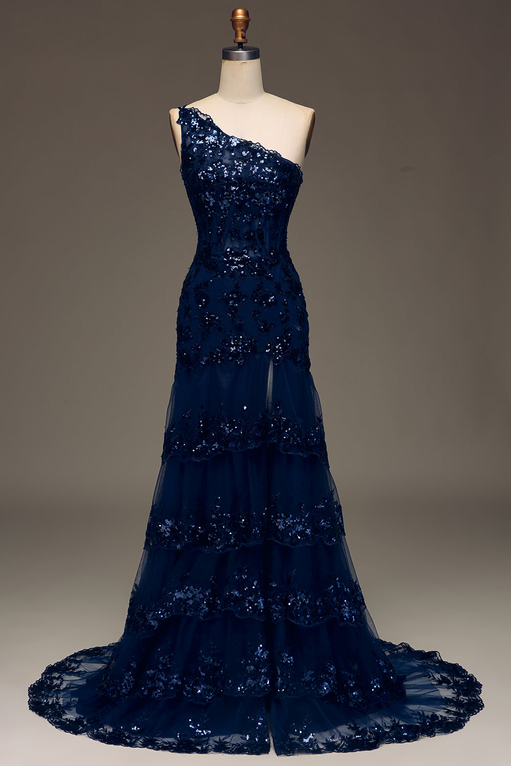 Navy Blue Lace One-Shoulder Mermaid Prom Dress SH471 Sheer Fairy