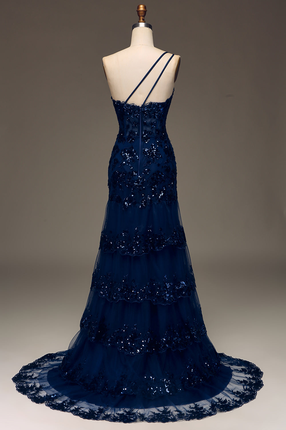 Navy Blue Lace One-Shoulder Mermaid Prom Dress SH471 Sheer Fairy