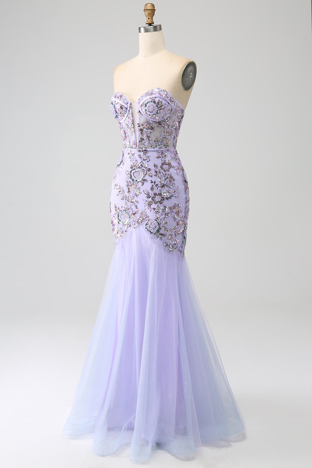 Beaded Lilac Lace Mermaid Strapless Sweetheart Prom Dress SH482 Sheer Fairy